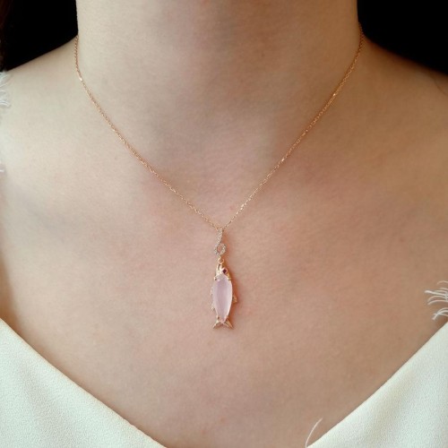 Damla Pembe Kuvars Taşlı Balık Rosegold Gümüş Bayan Kolye - CNG Jewels (1)