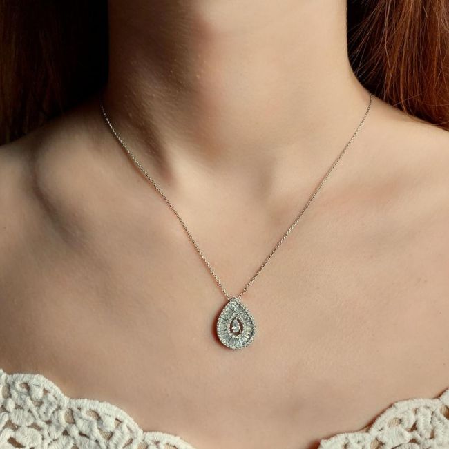 Damla Taşlı Baget Kadın Gümüş Kolye - 2