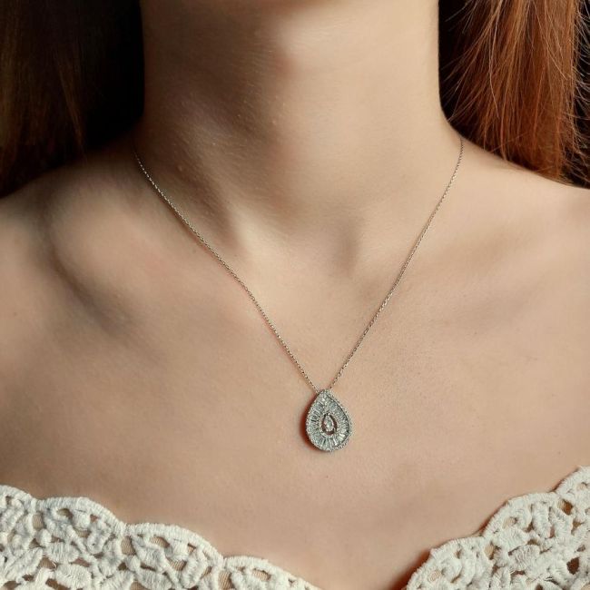 Damla Taşlı Baget Kadın Gümüş Kolye - 3