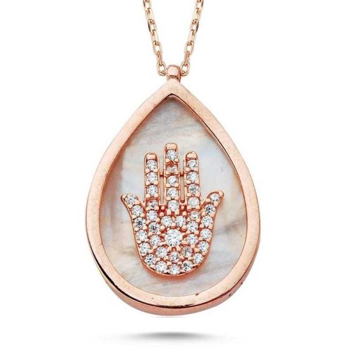 Silver Women's Necklace with Drop Stones and Hand of Fatima - CNG Jewels