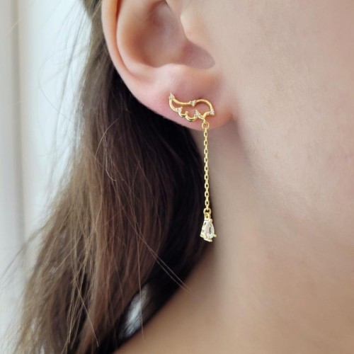 Damla Taşlı Zincirli Melek Kanadı Gold Gümüş Kadın Küpe - CNG Jewels