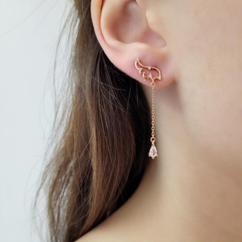 Damla Taşlı Zincirli Melek Kanadı Rose Gümüş Kadın Küpe - CNG Jewels