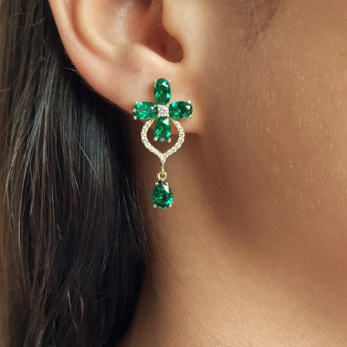 Drop Emerald Colored Stone Clover Flower Silver Women's Earrings - CNG Jewels