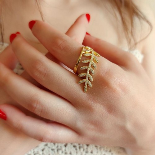 Defne Yaprağı Gold Gümüş Bayan Yüzük - CNG Jewels