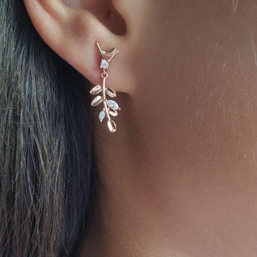 Defne Yaprağı Kuşlu Gümüş Kadın Küpe - CNG Jewels