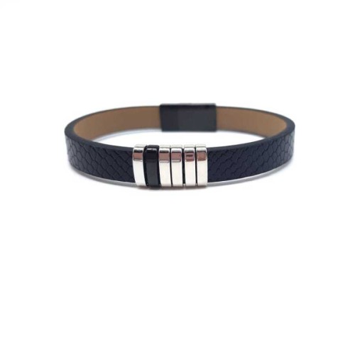 Desenli Siyah Derili Çelik Erkek Bileklik - CNG Jewels