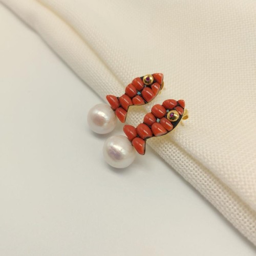 Design Coral Fish and Natural Pearl Earrings - 3