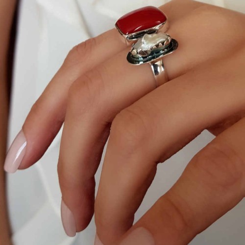 Dikdörtgen Doğal Mercan ve İncili Gümüş Bayan Yüzük - CNG Jewels (1)
