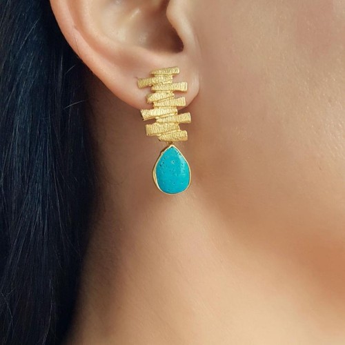 Doğal Damla Turkuaz Taşlı El Yapımı Zikzak Gümüş Kadın Küpe - CNG Jewels