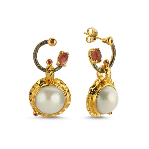 Doğal İnci Turmalin Özel Tasarım Kadın Gümüş Küpe - CNG Jewels