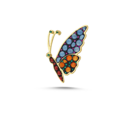 Doğal Kalsedon Carnelian Taşlı Kelebek Gümüş Broş - CNG Jewels