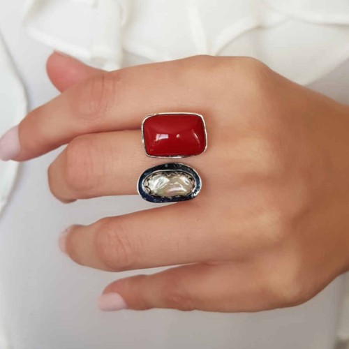 Doğal Mercan Gerçek İnci Tasarım Gümüş Yüzük 