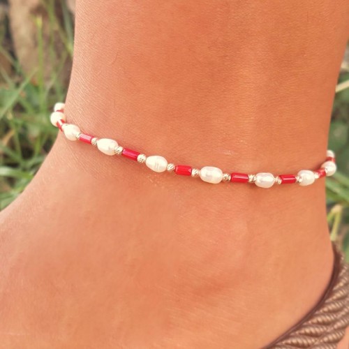 Doğal Mercan Taşlı İncili Gümüş Halhal - CNG Jewels