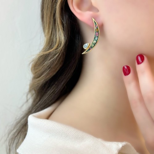 Doğal Turmalin Ay Hilal Özel Tasarım Kadın Gümüş Küpe - CNG Jewels (1)