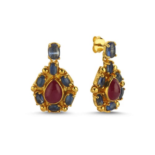 Doğal Yakut Kyanite Taşlı Tasarım Kadın Gümüş Küpe - CNG Jewels