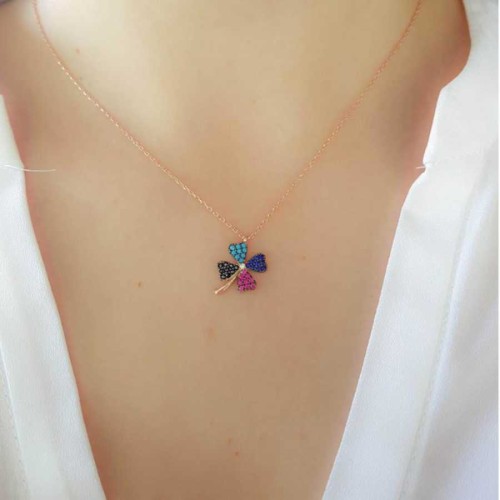 Dört Yapraklı Yonca Renkli Taşlı Gümüş Kadın Kolye - CNG Jewels (1)