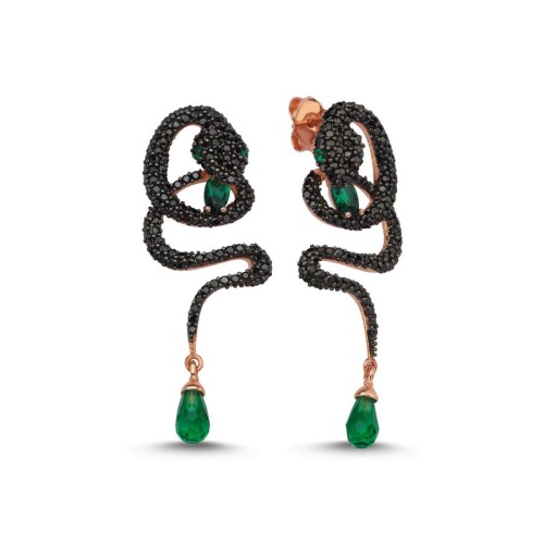 Drop Yeşil Taşlı Tasarım Kobra Yılanı Kadın Gümüş Küpe - CNG Jewels