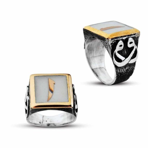 Elif Harfli Beyaz Mineli Gümüş Erkek Yüzüğü - CNG Jewels