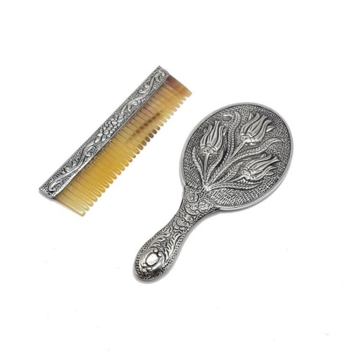 Tulip Hand Mirror Comb Double Silver Set - CNG Jewels