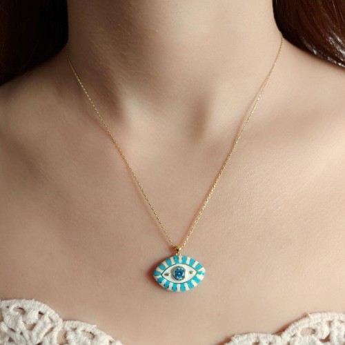 Eyelash Mavi Beyaz Göz Gold Gümüş Kadın Kolye - CNG Jewels (1)