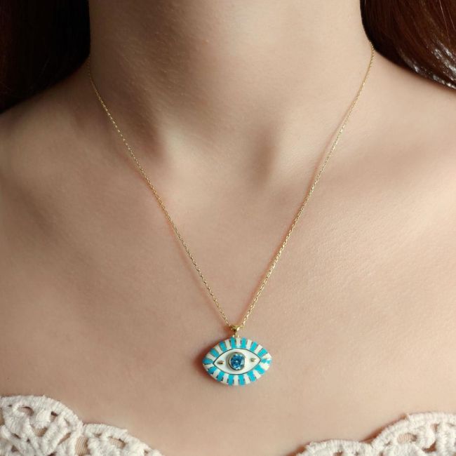 Eyelash Mavi Beyaz Göz Gold Gümüş Kadın Kolye - 2