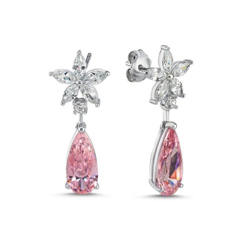 Fiore Çiçek Pembe Drop Gümüş Kadın Küpe - CNG Jewels