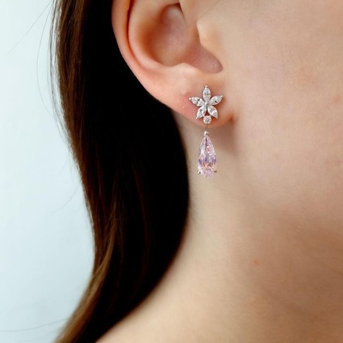 Fiore Çiçek Pembe Drop Gümüş Kadın Küpe - CNG Jewels (1)