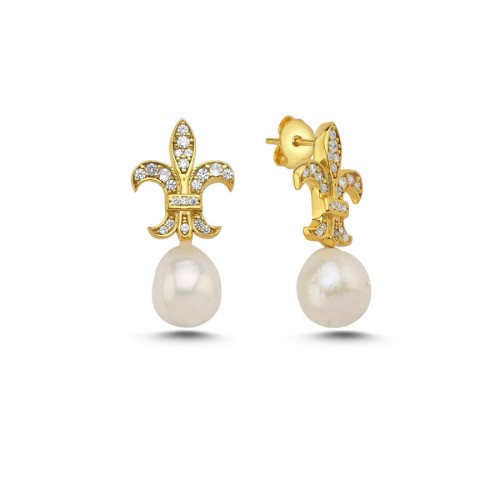 Fleur De Lis Zambak İncili Tasarım Kadın Gümüş Küpe - CNG Jewels