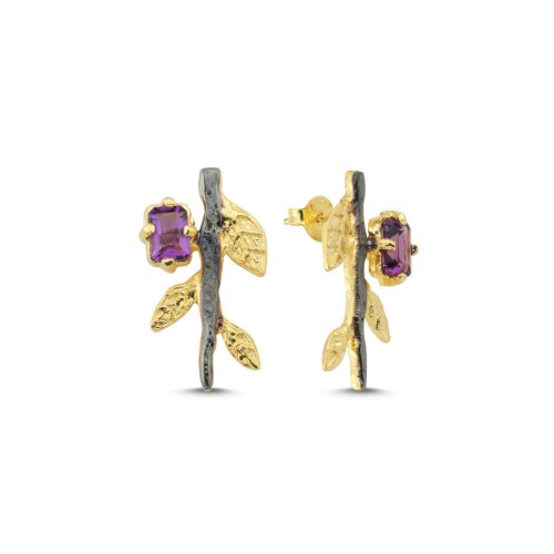 Flower Branch Ametist Tasarım Kadın Gümüş Küpe - CNG Jewels