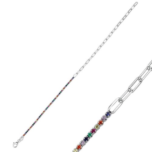 Forse Zincirli Renkli Taşlı Suyolu Gümüş Kadın Bileklik - CNG Jewels