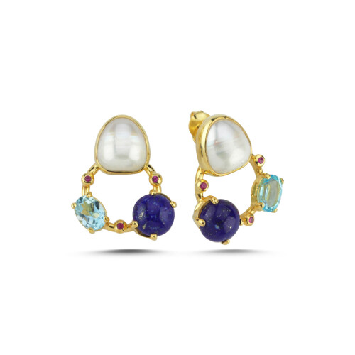 Galaksi Doğal Lapis Blue Topaz İnci Gümüş Küpe - CNG Jewels