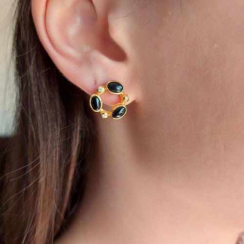 Galassia Doğal Oniks Gold Gümüş Kadın Küpe - CNG Jewels