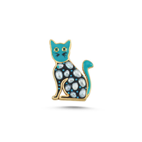 Gerçek İnci Mineli Kedi Gümüş Broş - CNG Jewels