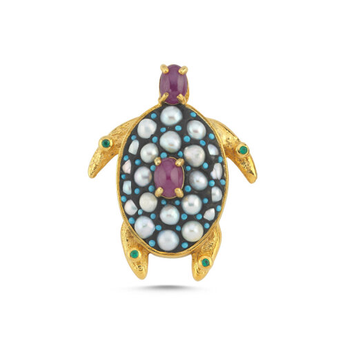 Gerçek İnci Yakut Taşlı Tasarım Caretta Kaplumbağa Gümüş Kolye Ucu 