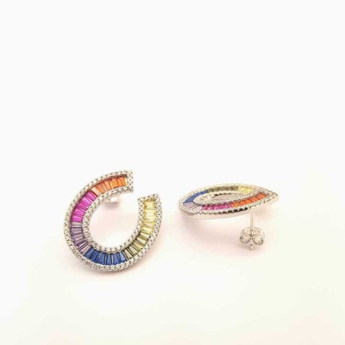 Rainbow Baguette Stone Comma Silver Earrings 