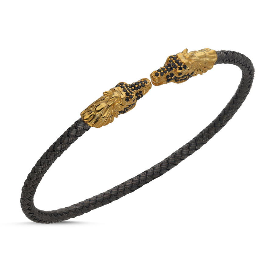 Gold Horse Motif Wicker Braid Silver Men's Bracelet - CNG Jewels