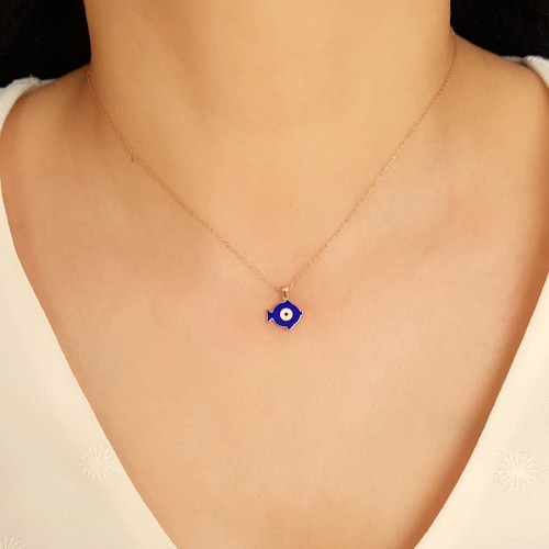 Gözlü Lacivert Balık Gümüş Kadın Kolye 