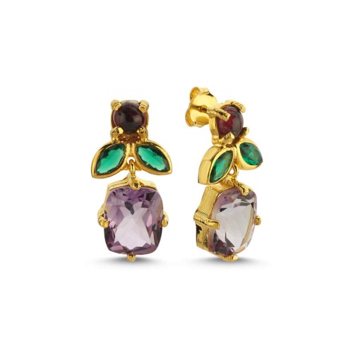 Granat Ametist Taşlı Tasarım Kadın Gümüş Küpe - CNG Jewels