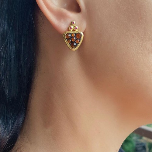 Granat Taşlı Tasarım Gold Kadın Gümüş Küpe - CNG Jewels