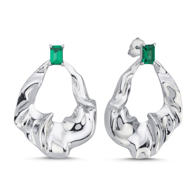 Green Amorf Damla Tasarım Gümüş Kadın Küpe - 1