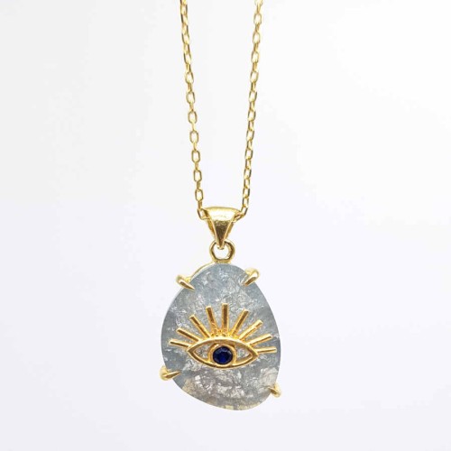 Grey Ice Quartz Kirpikli Göz Gümüş Kolye 