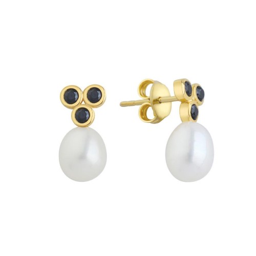 Gümüş Black Tria Gold Damla Gerçek İnci Küpe - CNG Jewels
