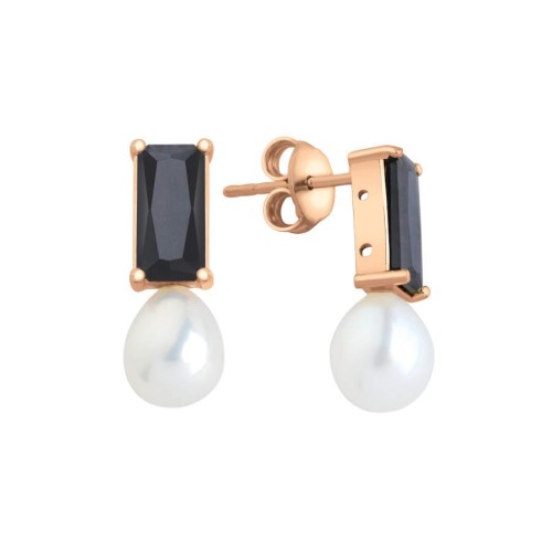 Gümüş Oktagon Oniks Rose Damla Gerçek Küpe - CNG Jewels