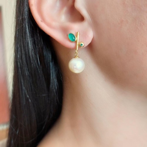 Gümüş Tasarım Perla Verde Gerçek İnci Küpe - CNG Jewels