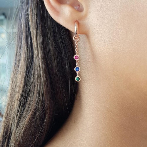 Halka Sallantılı Üç Renk Üç Zincirli Rose Gümüş Bayan Küpe - CNG Jewels