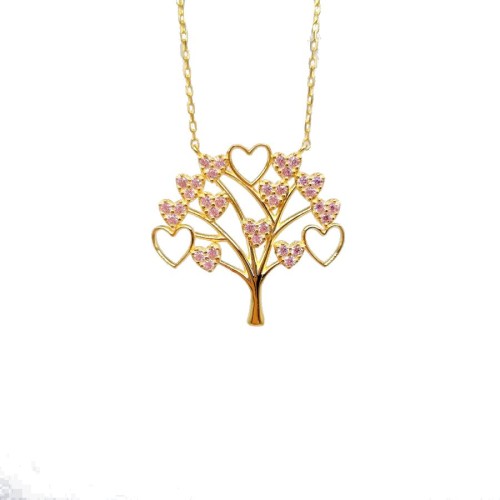 Hayat Ağacı Pembe Taşlı Gümüş Kadın Kolye - CNG Jewels