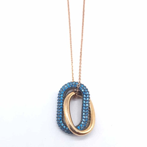 İçiçe Oval Mavi Taşlı Gümüş Bayan Kolye - CNG Jewels