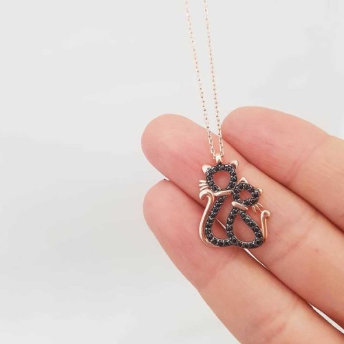 İki Kedili Siyah Taşlı Gümüş Kadın Kolye - CNG Jewels (1)