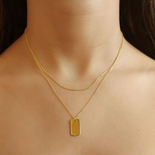 İki Zincirli Düz Plaka Gold Gümüş Bayan Kolye - CNG Jewels