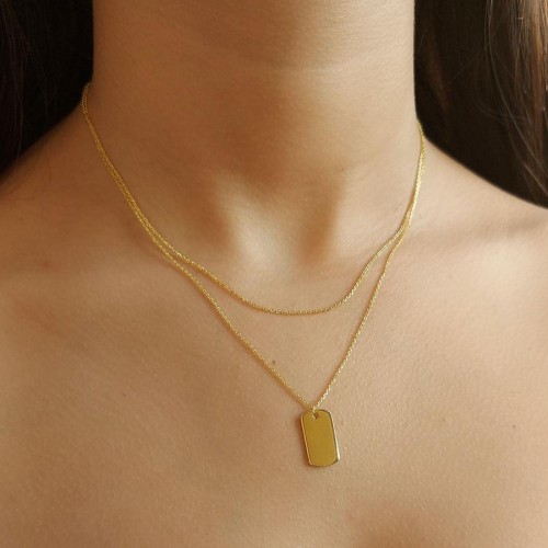 İki Zincirli Düz Plaka Gold Gümüş Bayan Kolye - CNG Jewels (1)